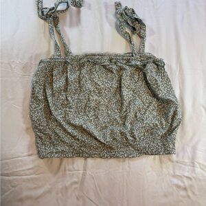 Sage Green Floral Smocked Crop Top with Tie Straps